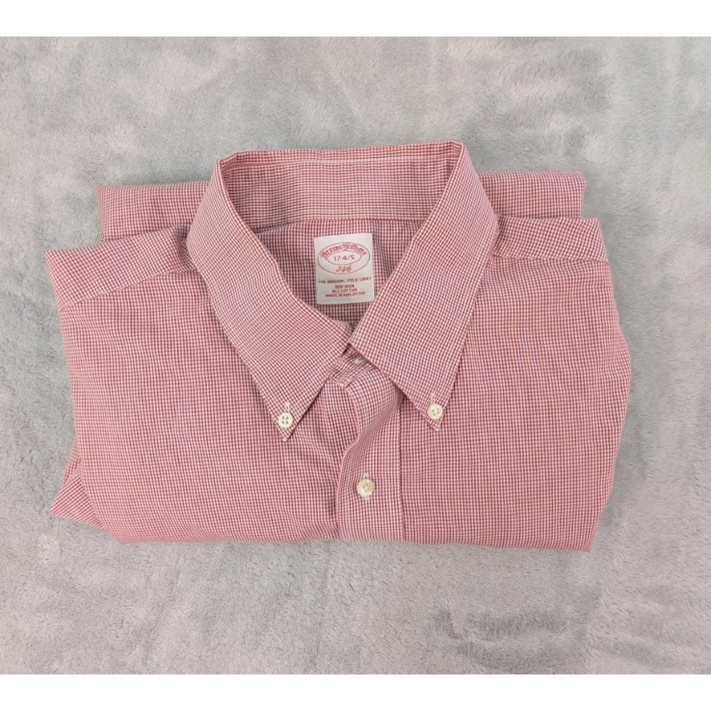 Brooks Brothers 346 Mens 17 34/35 Pink Gingham Check Dress Shirt Non Iron Cotton